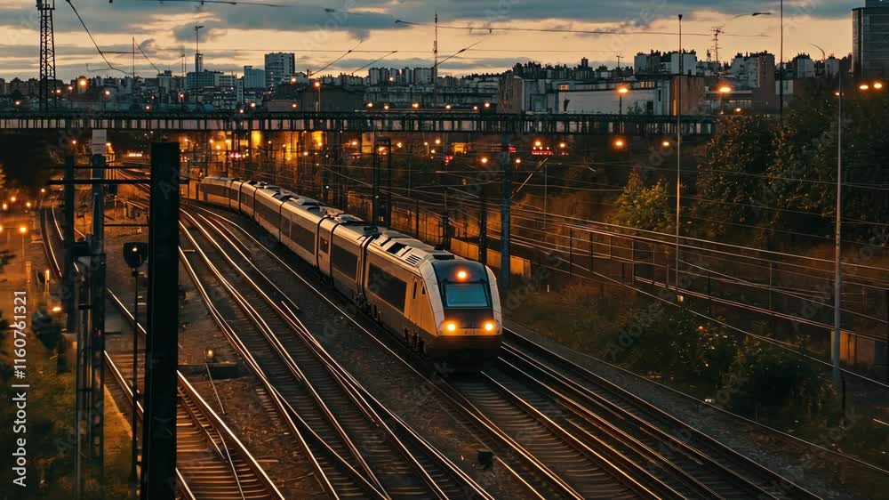 Train travels along winding tracks through a cityscape at dusk with illuminated buildings in the background Train travels along winding tracks through a cityscape at dusk with illuminated buildings in the background