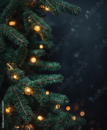 christmas fir branches with bokeh lights
 photo