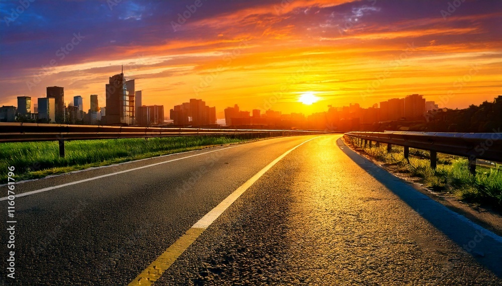 Fototapeta premium asphalt highway with background of buildings and sunset 