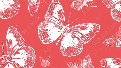 Elegant Red and White Outline Butterflies in Beautiful Nature Flight