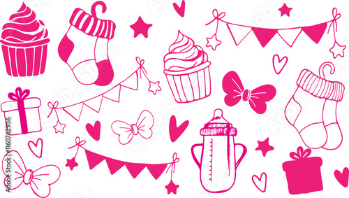 Vector hand drawn baby shower collection for girl.Hand-drawn vector doodle illustrations for children's party, baby shower, birthday. EPS 10 format. Baby socks, sippy cup, hearts, holiday garland