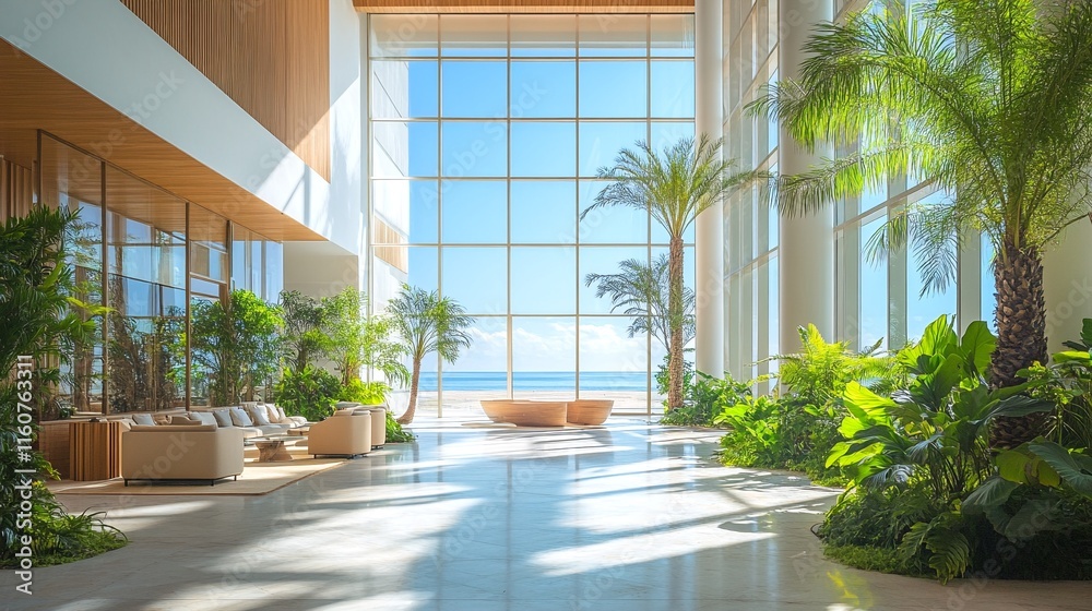 A large room with high ceilings and a wall of windows overlooking a beach, features white couches, wooden side tables, and green plants throughout. A large room with high ceilings and a wall of windows overlooking a beach, features white couches, wooden side tables, and green plants throughout.