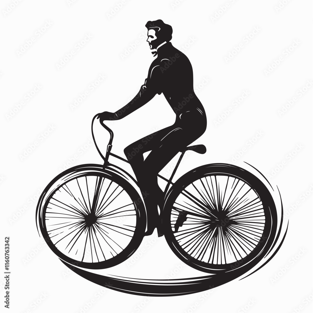 Naklejka premium Silhouette Gentleman Riding a Classic Bicycle Wearing Elegant Retro Attire Vector Illustration