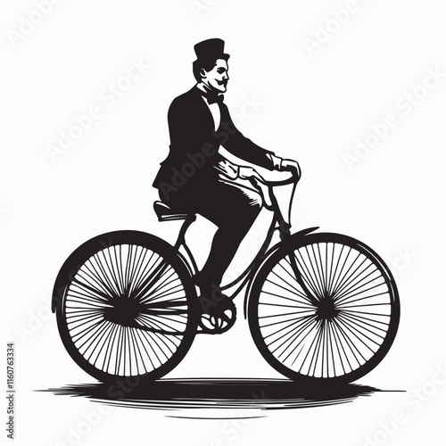 Gentleman Riding a Classic Bicycle Wearing a Tall Hat and Elegant Retro Attire Vector Illustration