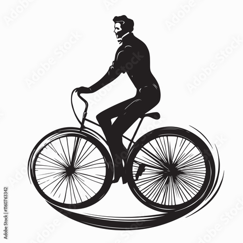 Silhouette Gentleman Riding a Classic Bicycle Wearing Elegant Retro Attire Vector Illustration