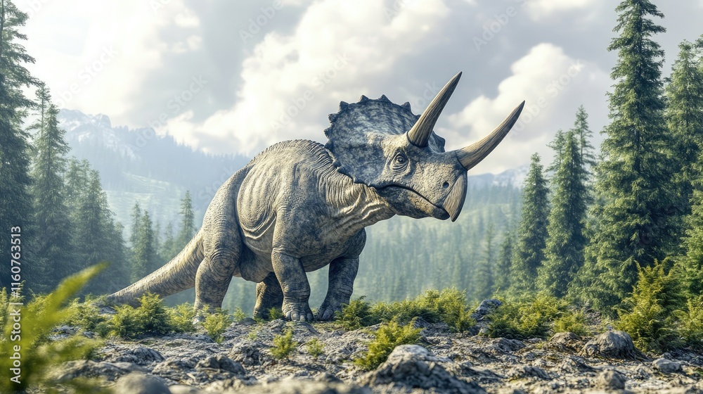 Fototapeta premium A Triceratops stands in a lush, prehistoric landscape surrounded by trees and mountains.