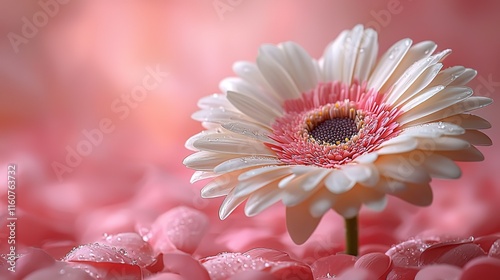  Vibrant White Gerbera Daisy Floating Over Pink Background - Top View Flat Lay Floral Beauty