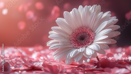  Vibrant White Gerbera Daisy Floating Over Pink Background - Top View Flat Lay Floral Beauty