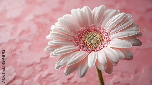  Vibrant White Gerbera Daisy Floating Over Pink Background - Top View Flat Lay Floral Beauty