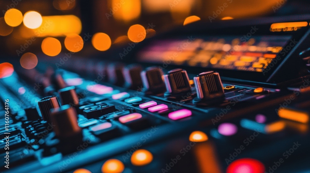 Close-up of a sound mixer control panel with colorful lights in the background.