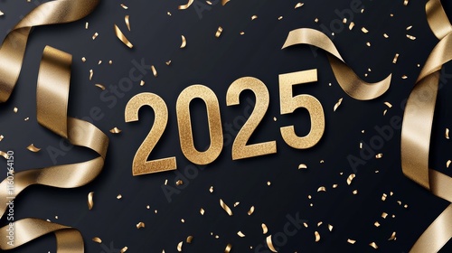 New Years 2025. Greeting card with date and golden ribbon on black background. Festive lettering design.