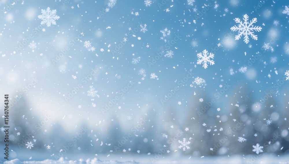 Fototapeta premium Delicate snowflakes gently drift through a serene winter landscape, embracing the tranquility of nature in a soft blue haze, inviting wonder during the frosty season