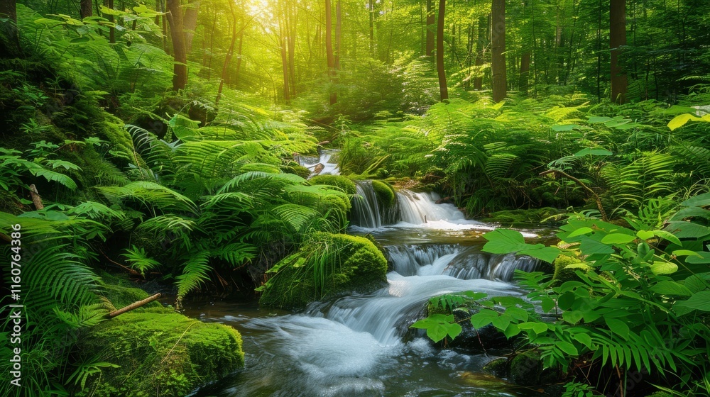 Serene jungle scene with a clear stream surrounded by dense greenery, sunlight streaming through the foliage, and a tranquil rainforest atmosphere. Serene jungle scene with a clear stream surrounded by dense greenery, sunlight streaming through the foliage, and a tranquil rainforest atmosphere.