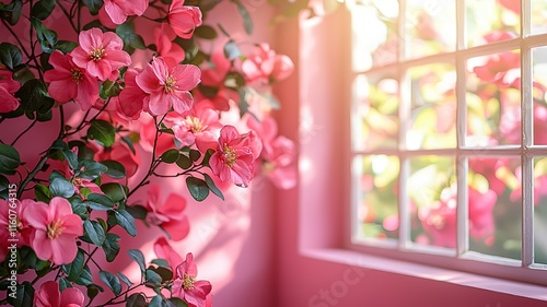 Elegant Pink Background with Square Frame and Left-Side Floral Accents – Perfect for Floral Arrangement Themes, Wedding Invitations, Decorative Elements