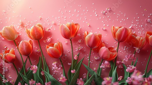 Spring Tulips in Bloom Against Pink Backdrop – A Flat-Lay Top View Ideal for Women’s & Mother’s Day Greeting Cards, Featuring Copy Space for Personalization