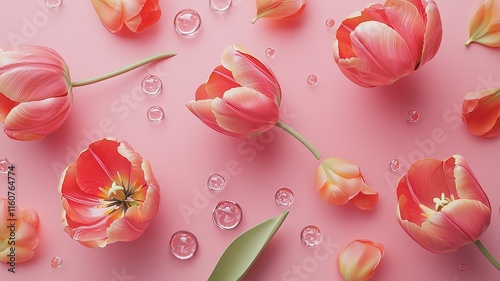Spring Tulips in Bloom Against Pink Backdrop – A Flat-Lay Top View Ideal for Women’s & Mother’s Day Greeting Cards, Featuring Copy Space for Personalization