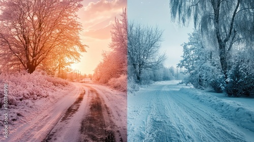 Winter's Embrace: Two contrasting landscapes showcase the beauty of winter, one bathed in warm, sunset hues and the other frosted in a cool, icy embrace.
