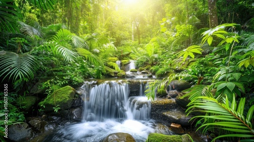 Serene jungle scene with a clear stream surrounded by dense greenery, sunlight streaming through the foliage, and a tranquil rainforest atmosphere.