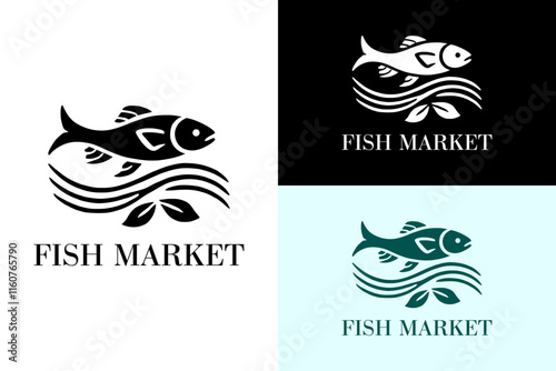 illustration of a fish with curvy lines and leaves, fish market logo, seafood, restaurant, food cart, organic food, nutrition, paleo food, dietary, keto diet, vector