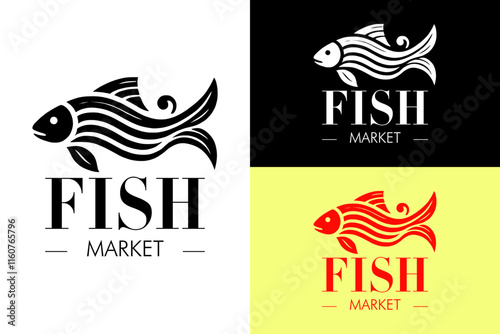 a logo for fish market, fish vector, water, wavy lines, seafood, paleo food, food truck, street food, organic food shop, natural, abstract logo, restaurant, silhouette