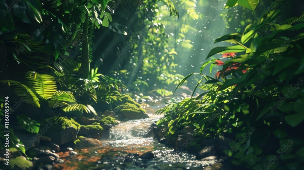 Serene jungle scene with a clear stream surrounded by dense greenery, sunlight streaming through the foliage, and a tranquil rainforest atmosphere. Serene jungle scene with a clear stream surrounded by dense greenery, sunlight streaming through the foliage, and a tranquil rainforest atmosphere.