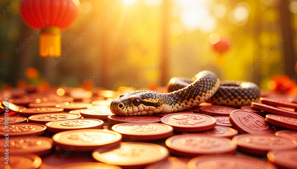 Snake resting on red coins with lanterns in a bright background Snake resting on red coins with lanterns in a bright background