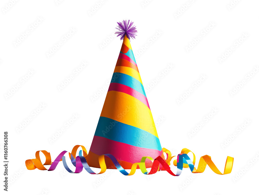 Colorful Birthday Hat with Streamers on Transparent Background Colorful Birthday Hat with Streamers on Transparent Background