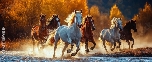 Majestic stallions racing across the water's surface.