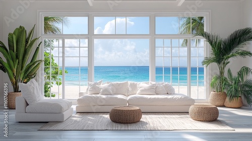 A large living room with white furniture and a view of the ocean through floor-to-ceiling windows. photo