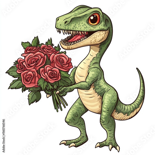 Whimsical dinosaur character holding a bouquet of roses, perfect for playful designs. photo