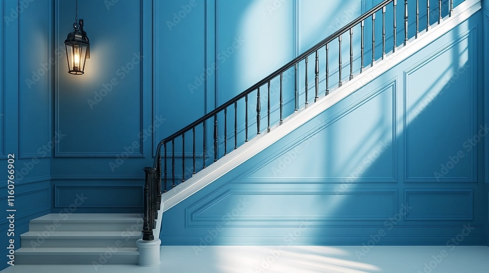 Fototapeta premium Staircase with Blue Walls and Lantern Light.