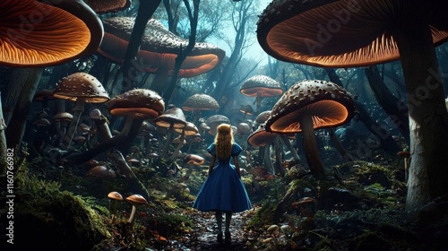 A fantastical adventure awaits Alice in the vibrant mushroom kingdom.
