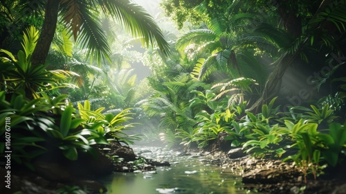 Serene jungle scene with a clear stream surrounded by dense greenery, sunlight streaming through the foliage, and a tranquil rainforest atmosphere.