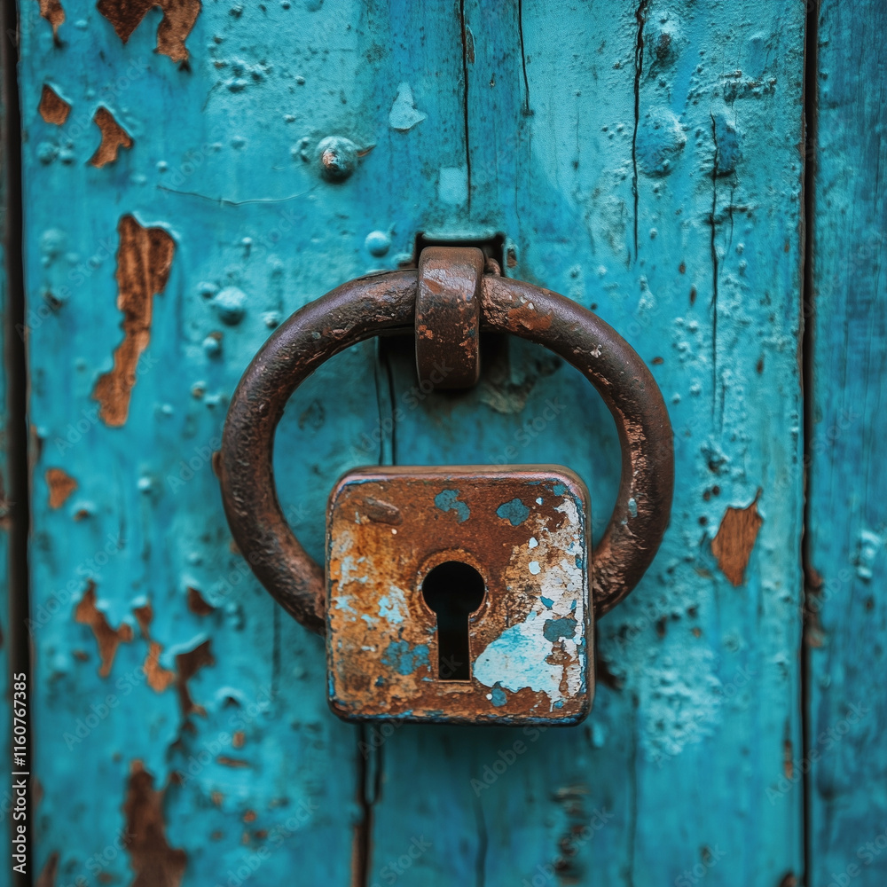 A close-up of a rusty padlock on a vibrant blue wooden surface, showcasing the texture and wear of both the lock and the wood.