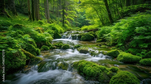 Serene jungle scene with a clear stream surrounded by dense greenery, sunlight streaming through the foliage, and a tranquil rainforest atmosphere.
