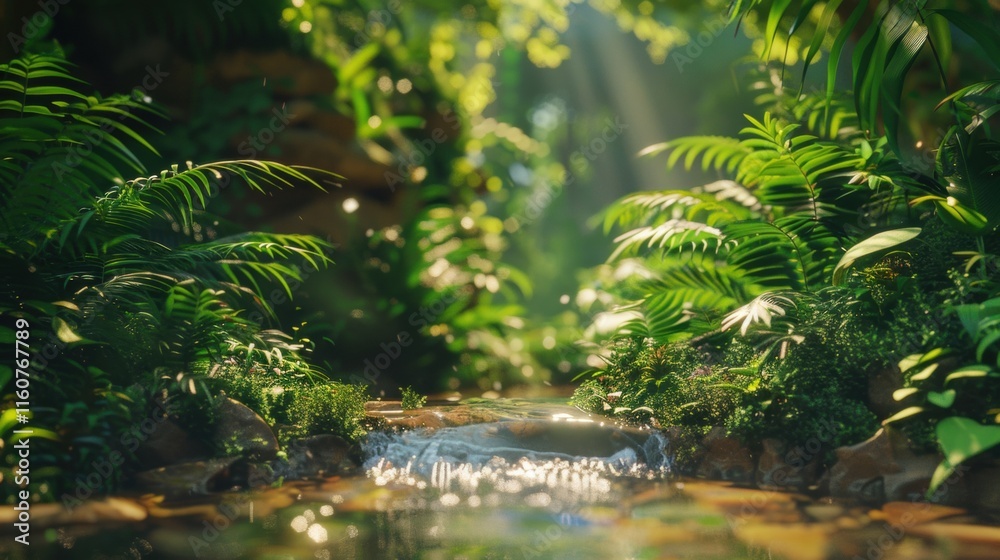 Fototapeta premium Serene jungle scene with a clear stream surrounded by dense greenery, sunlight streaming through the foliage, and a tranquil rainforest atmosphere.