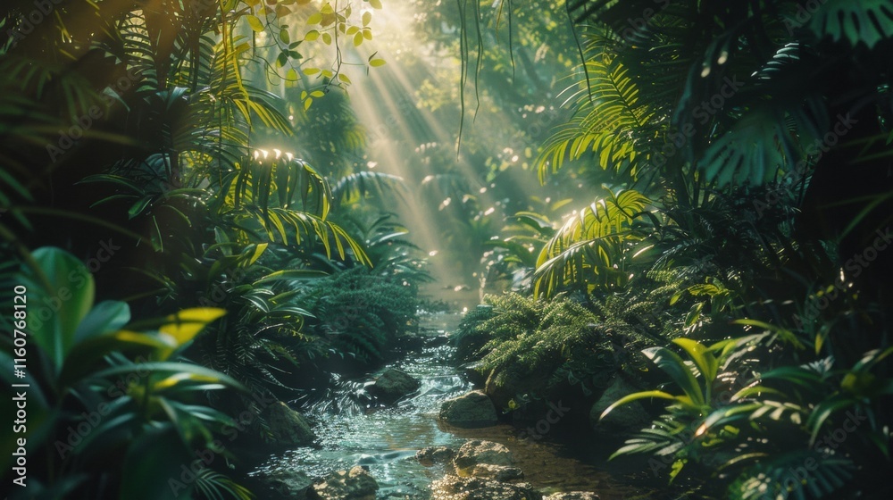 Obraz premium Serene jungle scene with a clear stream surrounded by dense greenery, sunlight streaming through the foliage, and a tranquil rainforest atmosphere.