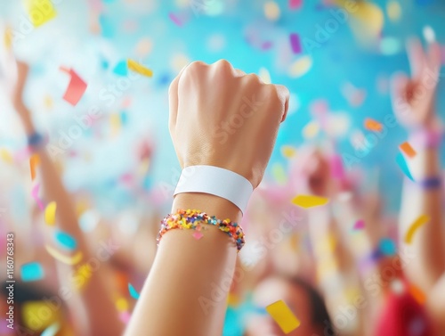 Blank paper wristband mockup. A raised hand celebrates amid colorful confetti, symbolizing joy and festivity in a vibrant atmosphere.