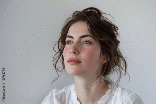 A woman displaying curiosity, with a thoughtful expression and tilted head, against a white background. photo