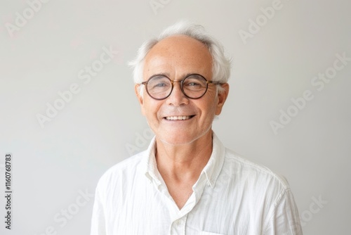 A poised older man with glasses, his warm and approachable smile highlighted on a clean and bright white canvas