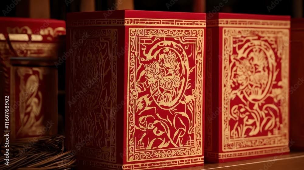 Decorative red boxes with intricate gold patterns, showcasing traditional craftsmanship and artistry. Decorative red boxes with intricate gold patterns, showcasing traditional craftsmanship and artistry.