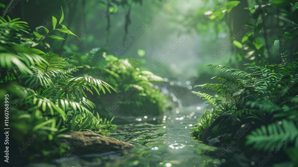Fototapeta premium Serene jungle scene with a clear stream surrounded by dense greenery, sunlight streaming through the foliage, and a tranquil rainforest atmosphere.