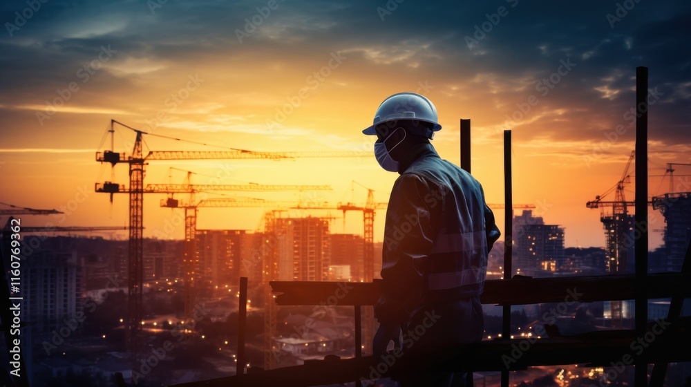A powerful silhouette of a worker with a hard hat, holding a wrench and standing tall, framed by the background of a high-rise construction project at dusk A powerful silhouette of a worker with a hard hat, holding a wrench and standing tall, framed by the background of a high-rise construction project at dusk