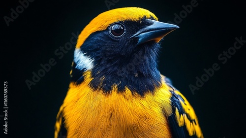 portrait of a yellow and black bird with a white patch on its neck.