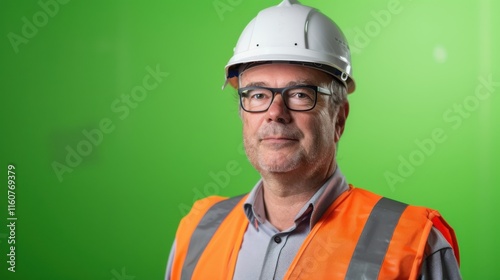 A professional engineer wearing safety gear and a confident expression, looking directly at the camera, set against a clean green screen background for versatile usage photo