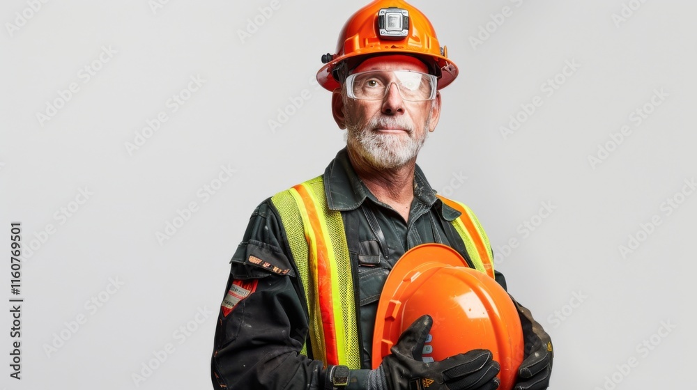 A professional portrait of a construction worker in a hard hat, safety goggles, and high-visibility clothing, holding an orange helmet against a minimalist white backdrop A professional portrait of a construction worker in a hard hat, safety goggles, and high-visibility clothing, holding an orange helmet against a minimalist white backdrop
