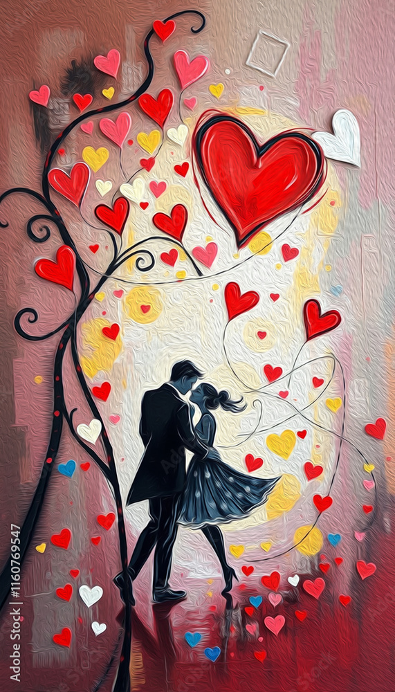 Fototapeta premium Valentine's Day card design. Illustration with oil paint. Pattern for printing on wall decorations, covers, wallpapers