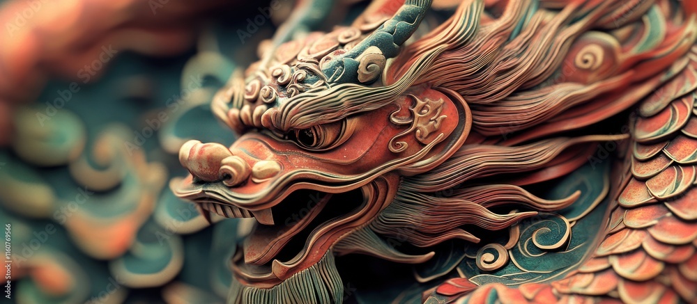 Fototapeta premium Close-up of an intricately carved Asian dragon statue, showcasing vibrant colors and detailed scales and features.