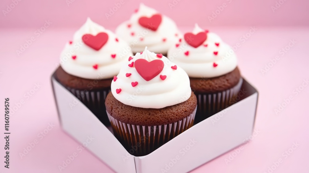 Delicious chocolate cupcakes topped with heart-shaped decorations, perfect for celebrations and sweet treats. Delicious chocolate cupcakes topped with heart-shaped decorations, perfect for celebrations and sweet treats.