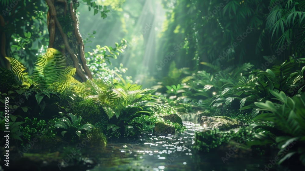 Serene jungle scene with a clear stream surrounded by dense greenery, sunlight streaming through the foliage, and a tranquil rainforest atmosphere. Serene jungle scene with a clear stream surrounded by dense greenery, sunlight streaming through the foliage, and a tranquil rainforest atmosphere.